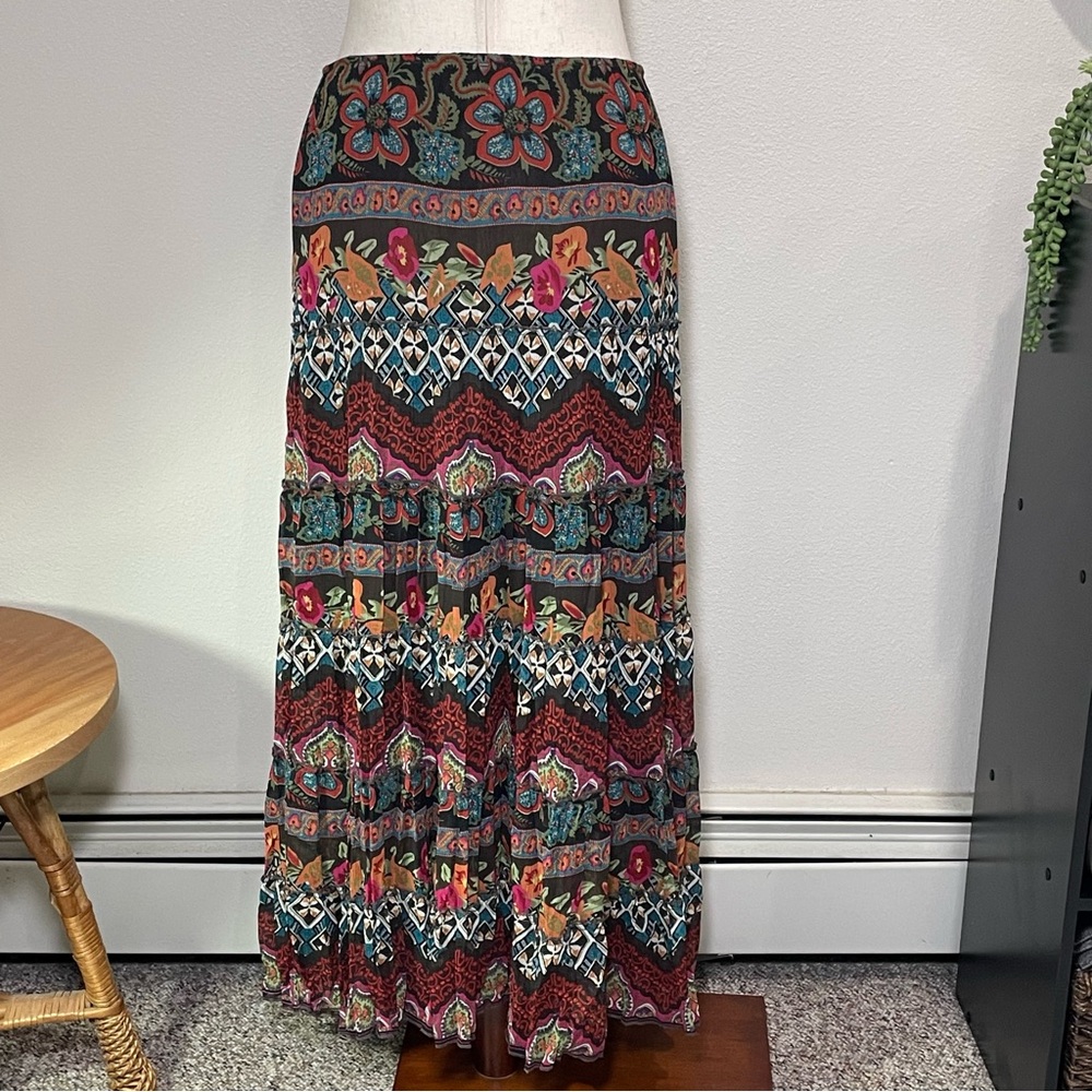 Silky Floral Multi Design Western Boho Pull on Full Skirt Fall Colors Size Small - Picture 3 of 11